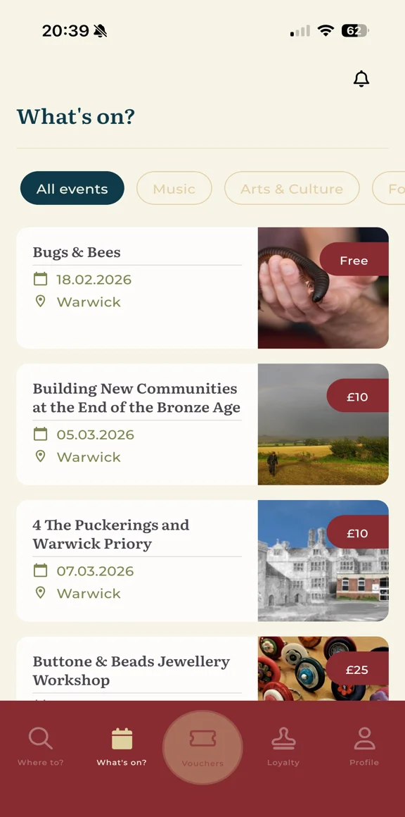 Eat Drink Explore app showing What's on events
